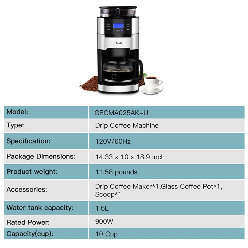  10-Cup Drip Coffee Maker, Grind and Brew Automatic Coffee  Machine with Built-In Burr Coffee Grinder, Programmable Timer Mode and Keep  Warm Plate, 1.5L Large Capacity Water Tank Coffee Serving Sets 